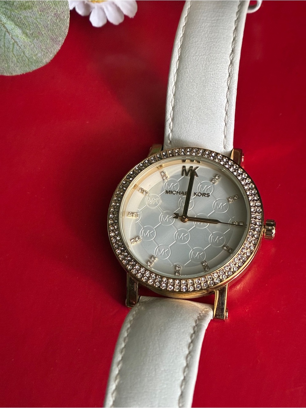 Michael Kors Women's White Leather Crystal-Trim Logo Watch